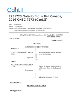 2251723 Ontario Inc. V Bell Canada, 2016 ONSC 7273 (Canlii)