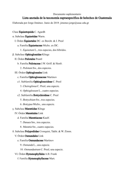 Lista Anotada De La Taxonomía Supraespecífica De Helechos De Guatemala Elaborada Por Jorge Jiménez