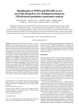 Identification of TPD52 and DNAJB1 As Two Novel Bile Biomarkers for Cholangiocarcinoma by Itraq‑Based Quantitative Proteomics Analysis