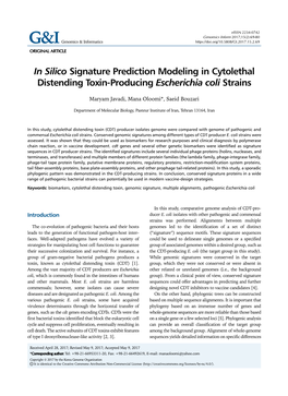 In Silico Signature Prediction Modeling in Cytolethal Distending Toxin-Producing Escherichia Coli Strains
