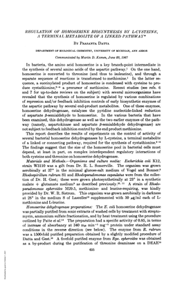 Namely, Aspartokinase and Aspartate 3-Semialdehyde Dehydrogenase) Are Not Subject to Feedback Inhibition Control by the End Product Methionine