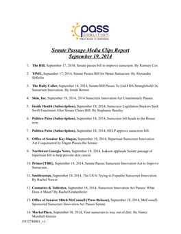 Senate Passage Media Clips Report September 19, 2014