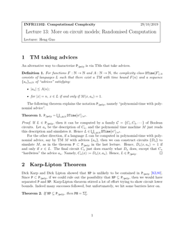 Randomised Computation 1 TM Taking Advices 2 Karp-Lipton Theorem