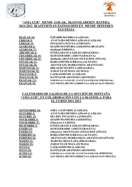 “Ama Lur” Mendi Sailak, Ikastolarekin Batera, 2011-2012 Ikasturtean Egingo Dituen Mendi Irteeren Egutegia