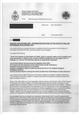 Request Copies of Any Available Hard Copy Documents in Relation to the Murder of William Hutchinson on 22 August 1974, in Cabragh, Co