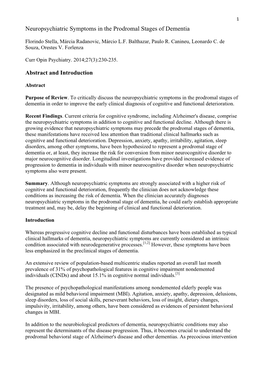 Neuropsychiatric Symptoms in the Prodromal Stages of Dementia