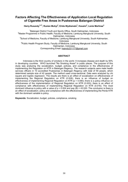 Factors Affecting the Effectiveness of Application Local Regulation of Cigarette Free Areas in Puskesmas Balangan District