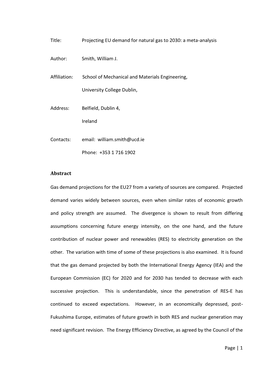 Projecting EU Demand for Natural Gas to 2030: a Meta-Analysis Author