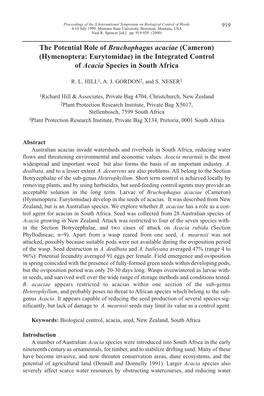 (Hymenoptera: Eurytomidae) in the Integrated Control of Acacia Species in South Africa