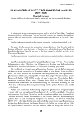 DAS PHONETISCHE INSTITUT DER UNIVERSITÄT HAMBURG (1910–2006) Magnús Pétursson Institut Für Phonetik, Allgemeine Sprachwissenschaft Und Indogermanistik, Hamburg