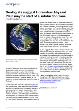 Geologists Suggest Horseshoe Abyssal Plain May Be Start of a Subduction Zone 8 May 2019, by Bob Yirka