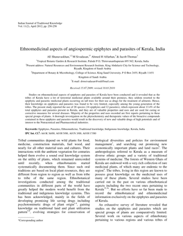 Ethnomedicinal Aspects of Angiospermic Epiphytes and Parasites of Kerala, India