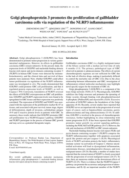 Golgi Phosphoprotein 3 Promotes the Proliferation of Gallbladder Carcinoma Cells Via Regulation of the NLRP3 Inflammasome