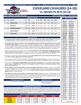 Cleveland Cavaliers (14-10) Vs