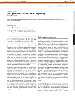 Gene Prediction: the End of the Beginning Comment Colin Semple