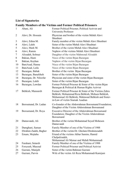 List of Signatories Family Members of the Victims and Former Political