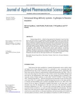 Intranasal Drug Delivery System- a Glimpse to Become Maestro