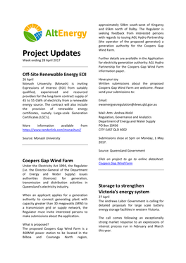 Project Updates Further Details Are Available in the Application Week Ending 28 April 2017 for Electricity Generation Authority: AGL Hydro