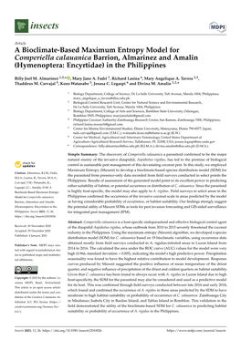A Bioclimate-Based Maximum Entropy Model for Comperiella Calauanica Barrion, Almarinez and Amalin (Hymenoptera: Encyrtidae) in the Philippines