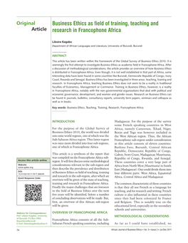 Business Ethics As Field of Training, Teaching and Research in Francophone Africa
