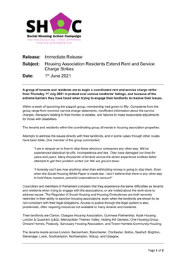 Housing Association Residents Extend Rent and Service Charge Strikes Date: 1St June 2021