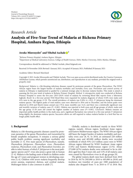 Analysis of Five-Year Trend of Malaria at Bichena Primary Hospital, Amhara Region, Ethiopia