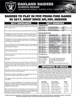 Oakland Raiders Schedule Release 1220 Harbor Bay Parkway | Alameda, Ca 94502 | Raiders.Com