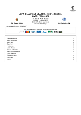 UEFA CHAMPIONS LEAGUE - 2013/14 SEASON MATCH PRESS KITS St