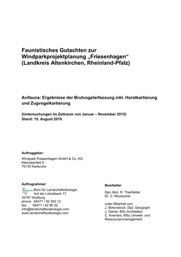 Faunistisches Gutachten Zur Windparkprojektplanung „Friesenhagen“ (Landkreis Altenkirchen, Rheinland-Pfalz)