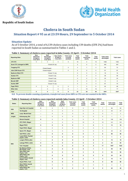 Cholera in South Sudan Situation Report # 95 As at 23:59 Hours, 29 September to 5 October 2014