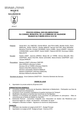 Proces-Verbal Des Deliberations Du Conseil Municipal De La Commune De Sausheim Seance Du 5 Mars 2018 a 19 H 30