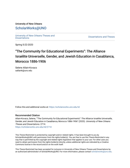 The Alliance Israélite Universelle, Gender, and Jewish Education in Casablanca, Morocco 1886-1906