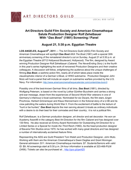 Art Directors Guild Film Society and American Cinematheque Salute Production Designer Rolf Zehetbauer with “Das Boot” (1981) Screening / Panel