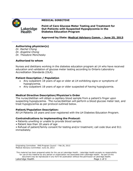 MEDICAL DIRECTIVE Point of Care Glucose Meter Testing And