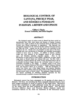 Biological Control of Lantana, Prickly Pear, and Hamakua Pamakani Inhawah: a Review and Update