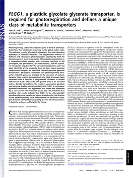 PLGG1, a Plastidic Glycolate Glycerate Transporter, Is Required for Photorespiration and Deﬁnes a Unique Class of Metabolite Transporters