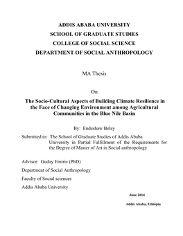 Addis Ababa University School of Graduate Studies College of Social Science Department of Social Anthropology