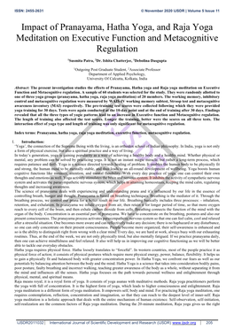 Impact of Pranayama, Hatha Yoga, and Raja Yoga Meditation on Executive Function and Metacognitive Regulation