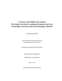 “A Tremor in the Middle of the Iceberg”: the Student Nonviolent Coordinating Committee and Local Voting Rights Activism in Mccomb, Mississippi, 1928-1964