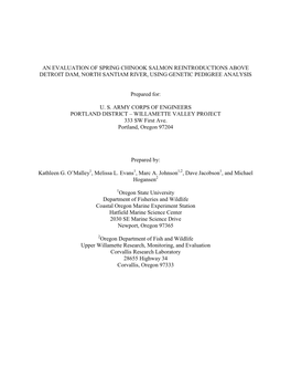 An Evaluation of Spring Chinook Salmon Reintroductions Above Detroit Dam, North Santiam River, Using Genetic Pedigree Analysis P