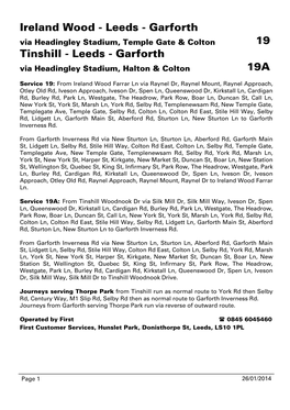 Ireland Wood - Leeds - Garforth Via Headingley Stadium, Temple Gate & Colton 19 Tinshill - Leeds - Garforth Via Headingley Stadium, Halton & Colton 19A