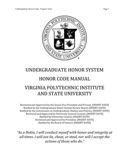 Undergraduate Honor System Honor Code Manual Virginia Polytechnic Institute and State University