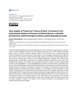 “Calcare Di Base” Formations from Caltanissetta (Sicily) and Rossano (Calabria) Basins: a Detailed Geochemical, Sedimentological and Bio-Cyclostratigraphical Study