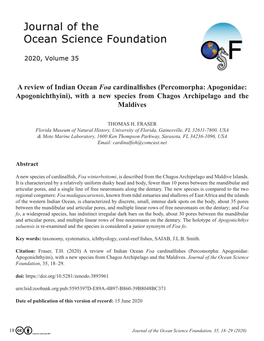 A Review of Indian Ocean Foa Cardinalfishes (Percomorpha: Apogonidae: Apogonichthyini), with a New Species from Chagos Archipelago and the Maldives
