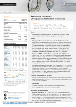 Techtronic Industries Strong Growth Momentum to Continue