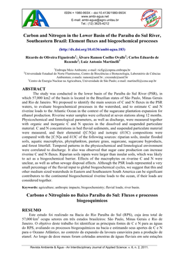 Carbon and Nitrogen in the Lower Basin of the Paraíba Do Sul River, Southeastern Brazil: Element Fluxes and Biogeochemical Processes