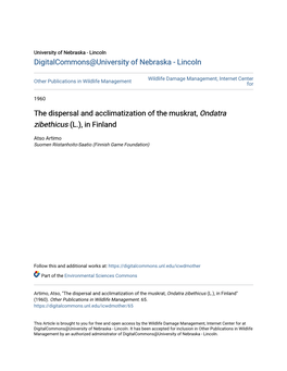 The Dispersal and Acclimatization of the Muskrat, Ondatra Zibethicus (L.), in Finland