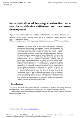 Industrialization of Housing Construction As a Tool for Sustainable Settlement and Rural Areas Development