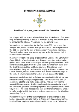 President's Report, Year Ended 2019