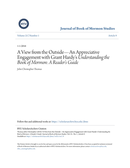 A View from the Outside—An Appreciative Engagement with Grant Hardy's Understanding the Book of Mormon: a Reader's Guide John Christopher Thomas